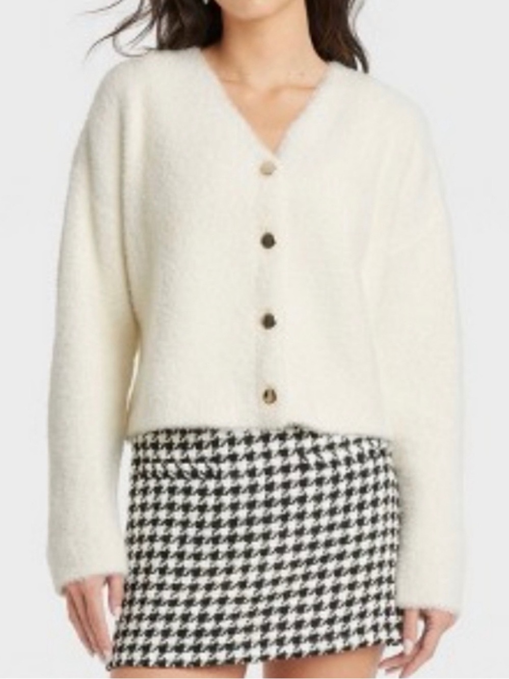 NWT A New Day Cream Cozy Fuzzy Sweater Cardigan Size Large Cream Gold Buttons